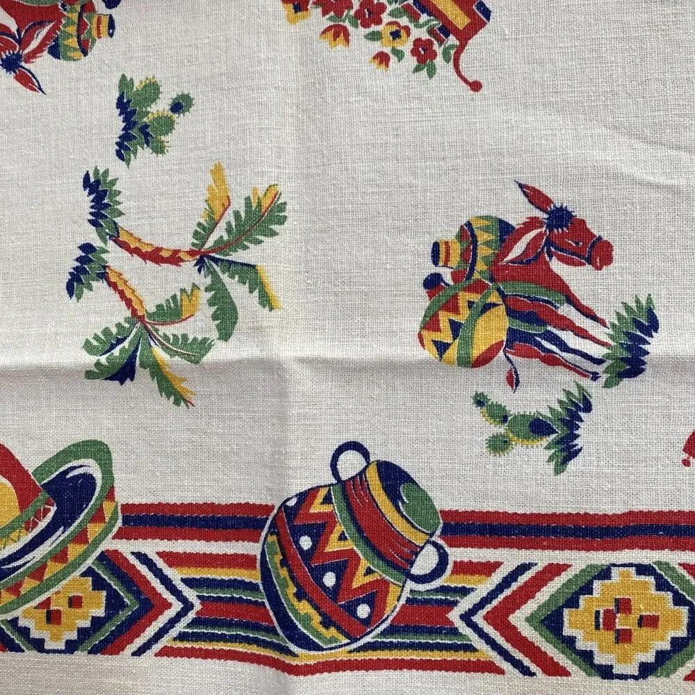 Vintage Startex Mills Cotton Linen Tea Towel Beige Red Blue Southwestern Print